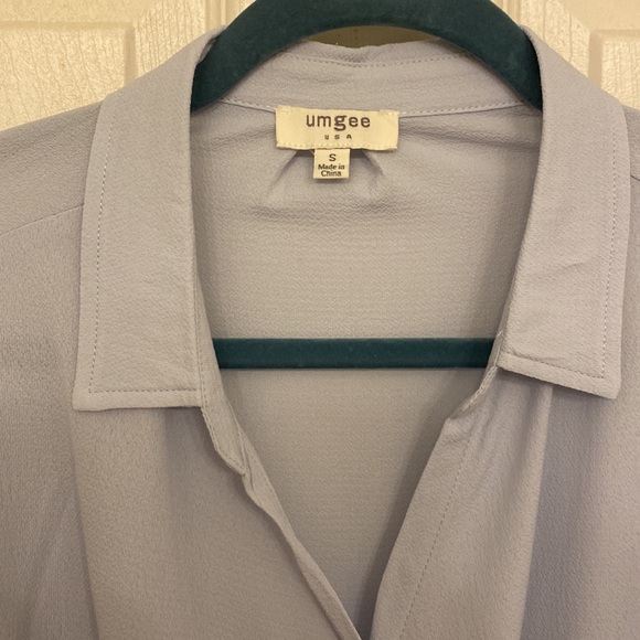 Umgee Collared Button Up Split Neck Surplice Top with Bishop Sleeves - Picture 7 of 9